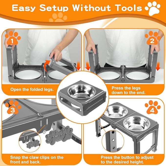 Elevated Dog Bowl Stand Foldable with Dual 7.8" Stainless Steel Bowls, 5 Adjustable Heights (3.9"-13.4"), Anti-Slip Portable Travel Pet Feeder, Fits 5.5"-27" Shoulder Height Dogs, Grey