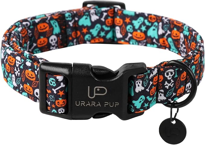 Halloween Dog Collar, UP URARA PUP Cotton Skull Ghost Dog Collar for Small Dog, Fall Pet Collar with Halloween Elements Pattern, Adjustable Puppy Collar,XS,Neck 8-12in