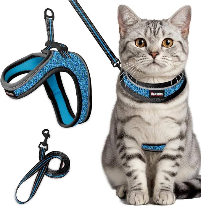 Cat Harness and Leash Set,Escape Proof Kitten Harness,Step in Adjustable Soft Lightweight,Easy Control,Reflective Strips Comfortable for Walking Travel(Blue/Black,XXXS)