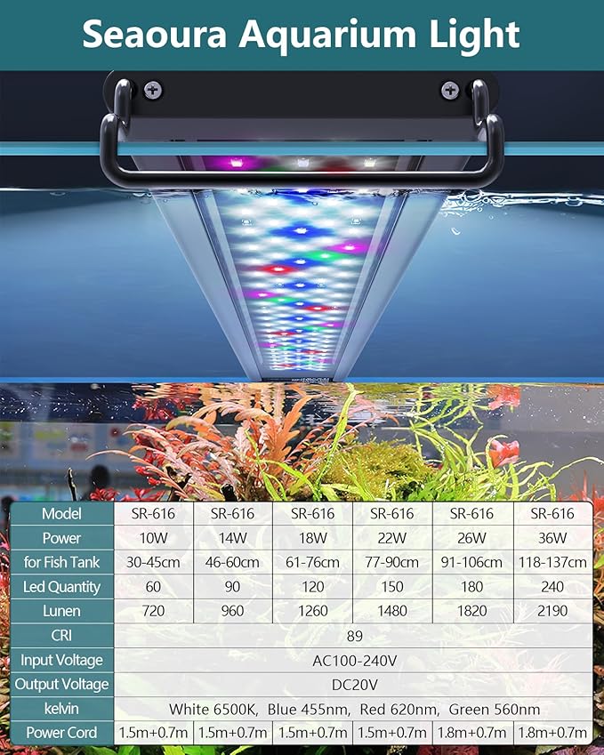 SEAOURA Led Aquarium Light for Plants-Full Spectrum Fish Tank Light with Timer Auto On/Off, 36-42 Inch, Adjustable Brightness, White Blue Red Green Pink LEDs with Extendable Brackets for Freshwater