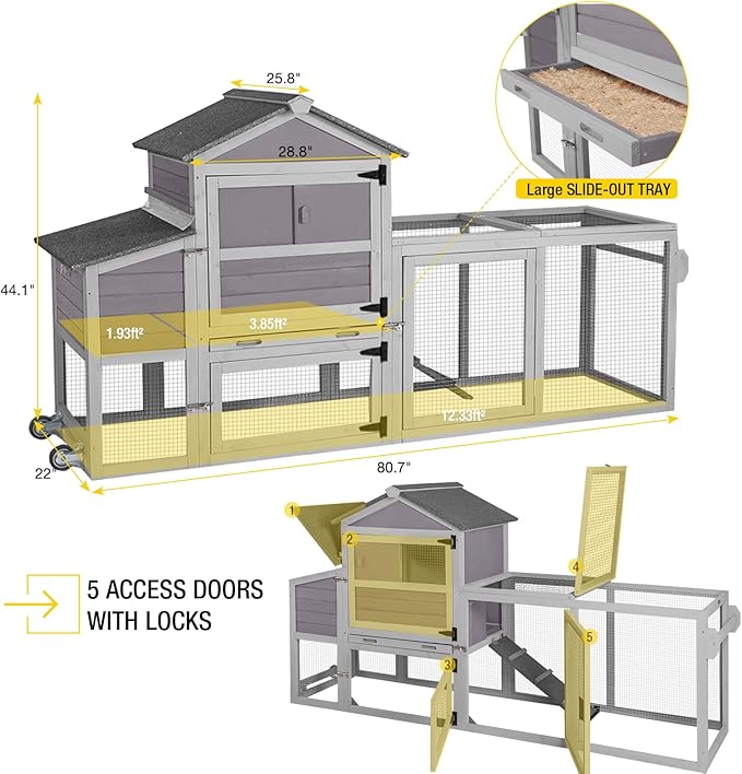 Aivituvin Chicken Coop Expandable Mobile Chicken House for Outdoor with Wheels, Nesting Box, Leakproof Pull-on Tray and UV-Resistant Roof Panel (Grey)