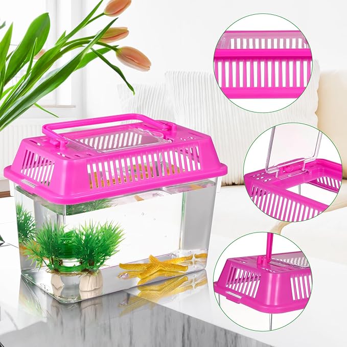 Portable Fish Tank 15In Handheld Aquarium Turtle Box with Handle Clear Plastic Reptile Carrier Mini Fish and Hamster Habitat for Pet Breeding