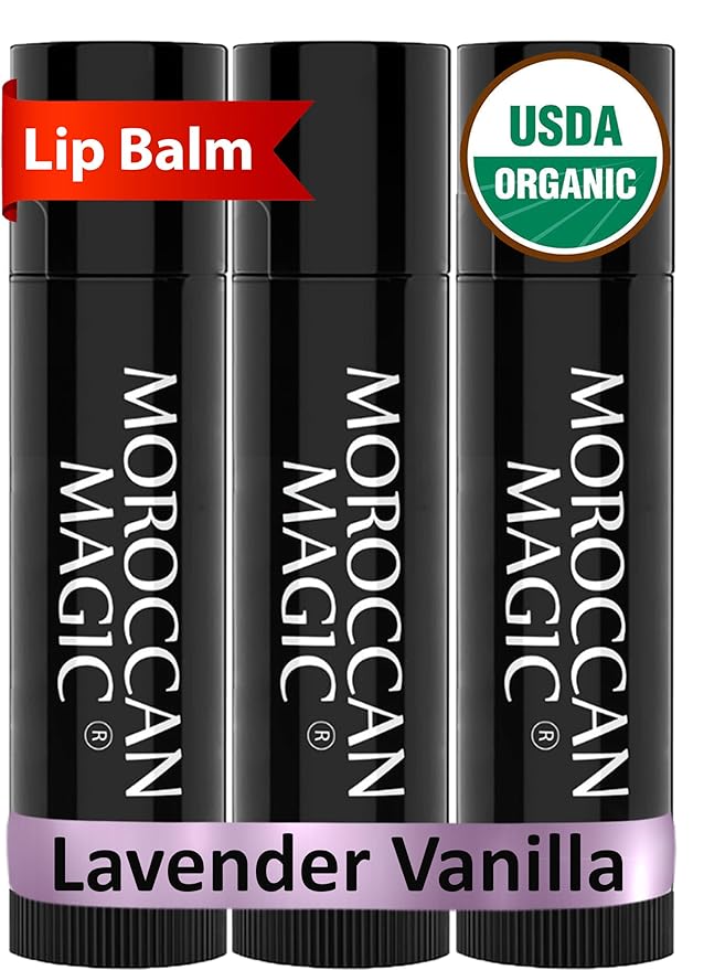 Moroccan Magic Organic Lavender Vanilla Lip Balm 3 Pack | Ultra-Hydrating Argan & Essential Oil Lip Moisturizer + Vitamin E | Natural Chapstick for Dry Lips | Smooth, Non-Toxic | Organic Lip Balm