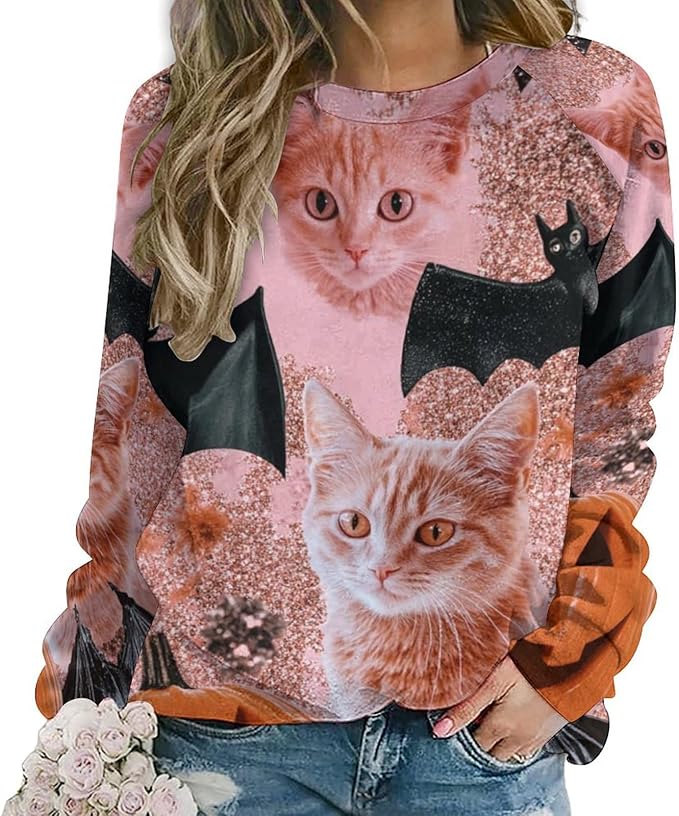 Halloween Sweatshirts for Women Black Cat Print Pullover Crewneck Oversized 2024 Fall Fashion Casual Warm Shirt