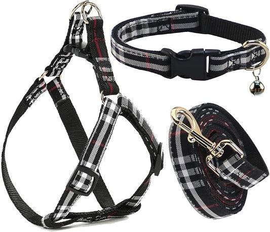 Cute Plaid Dog Collar Harness and Leash with Safety Buckle - Adjustable and No Pull Comfortable Dog Collars for Small Puppy, Stylish Durable Gift for Boy Girl Pets