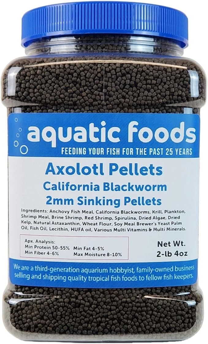 Aquatic Foods Inc. Axolotl Blackworm Pellets. 2mm-1/16 Sinking California Blackworm Small Pellets for Small Axolotl, Frogs, Shrimp, Salamanders, Newts, Snails…2-lbs 4oz Jar