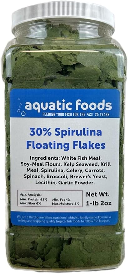 Aquatic Foods Inc. 30% Spirulina Premium Flakes for African Cichlids, All Central and South American Cichlids, Koi, Pond Fish, All Community Tropical Fish...WL 1-lb 2oz Lg Jar