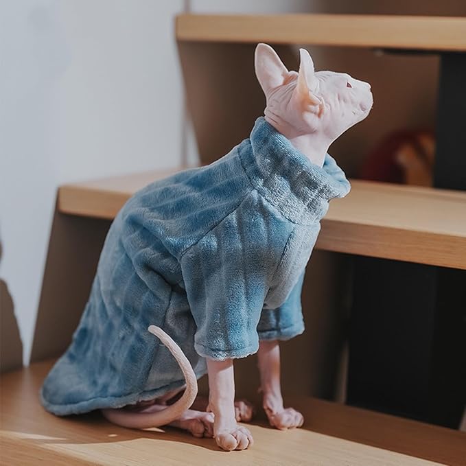 Turtleneck Sweater for Sphynx Cat Soft Coral Fleece Cat Clothes Thick Winter Warm Outfit Coat for Hairless Cats and Small Dogs Apparel with Sleeves (Blue, S (3-5 lbs))