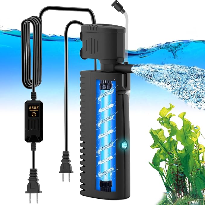 AquaMiracle Aquarium Filter with U - V Light & Pre-Filter Sponge, Fish Tank Filter with Timer for Green Water, Green Clean Machine Turtle Filter with Aeration for Aquarium and Pond 20-70 Gallon