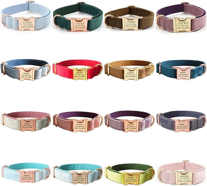 PETDURO Personalized Dog Collar Teal Soft Velvet for Large Medium Small Boy Girl Dogs - Custom Collar with Name Phone Number Engraved on Rose Gold Metal Buckle - Add Leash Bow Set via Customize Now