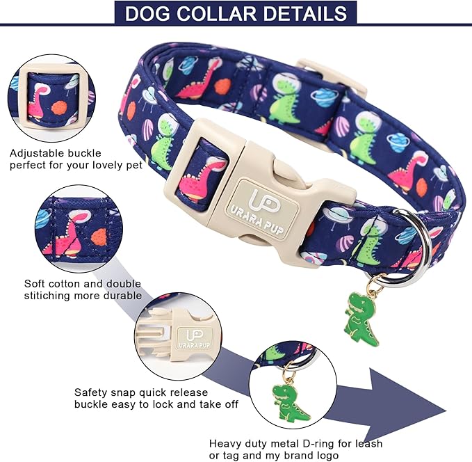 Summer Dog Collar-Dinosaur Dog Collars with Planet-Cute Blue Summer Pet Dollar-Soft, Adjustable & Stylish for Small/Medium Dogs