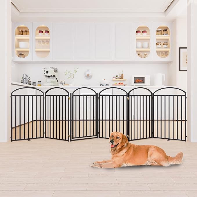 6 Panels Full Matel Freestanding Dog Gates with Door, 144"Extra Wide 36"Tall Free Standing Dog Pet Gate for Indoor & Outdoor. Foldable Pet Fences for Doorways, House, Stairs, Porch, Deck, Yard
