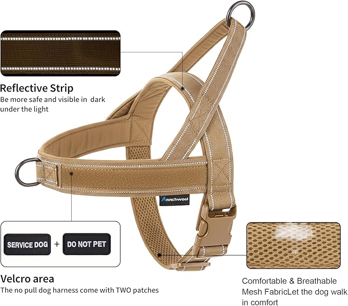 Annchwool No Pull Dog Harness,Heavy Duty Reflective Collar & Leash Set-Leash with Double Handle & Car Seatbelt Clip-Easy Control for Walking Training Medium Large Size Dogs(Brown,XL)