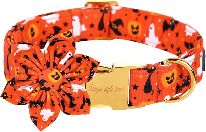 Unique style paws Halloween Dog Collar with Flower Tie Cotton Adjustable Puppy Collar for Small Medium Large Dogs-L