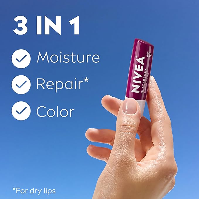 NIVEA Blackberry Lip Care, Tinted Lip Balm with Shea Butter, Nourishing Oils and Vitamin C & E, 3-in-1 Moisture, Repair (for Dry Lips) and Color, 0.17 Oz Stick (Pack of 2)