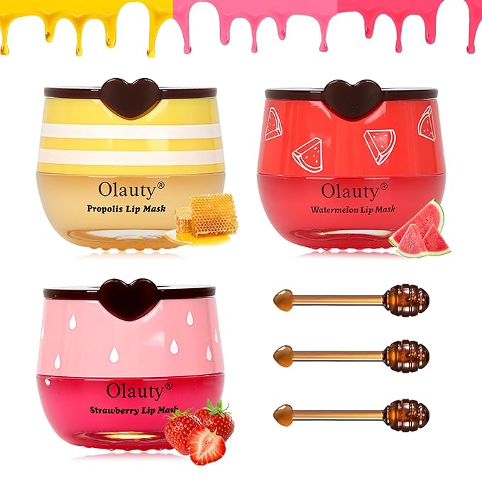 3Pcs Bee Lip Balm Lip Mask Honey Pot, Galentines & Valentines Day Gifts, Strawberry, Watermelon, Honey Balm Party Favors, Moisturizing Lip Mask Overnight Reduces Lip Lines Prevention Dry Lip