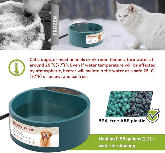 Namsan Heated Water Bowl for Cats Outdoor, 2.2L, Heated Pet Bowls for Chickens Rabbits Farm Animals, Heating Dog Bowl Ice Free in Winter, Thermal-Bowls Warm Water Bird Bath Dish, Green