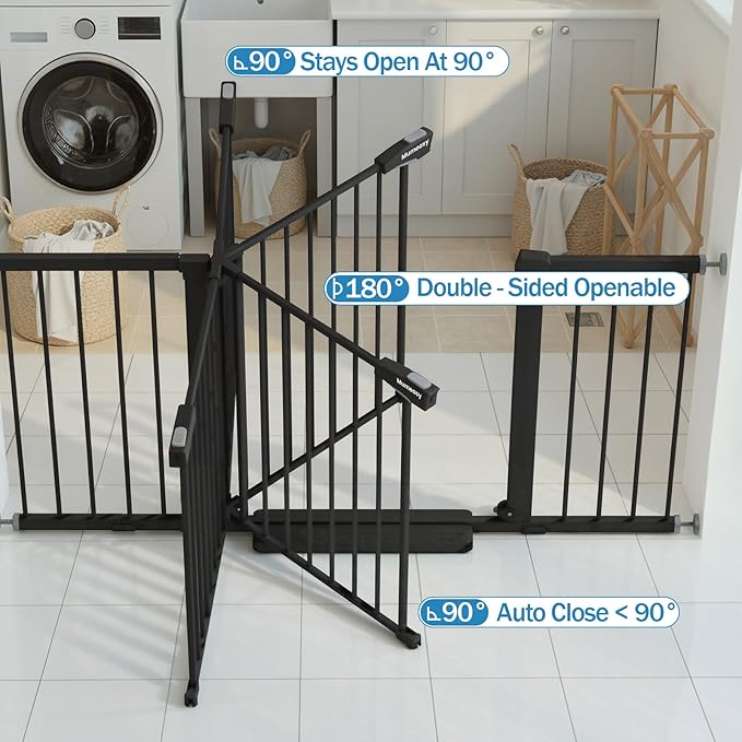 Mumeasy 29.7-57" Extra Wide Baby Gate for Doorways, Auto Close Dog Gate Indoor for Stairs, No-Drill Pressure Mounted Pet Gate with Door, Easy Walk Thru Long&Large Safety Gate for House, Outdoor, Black