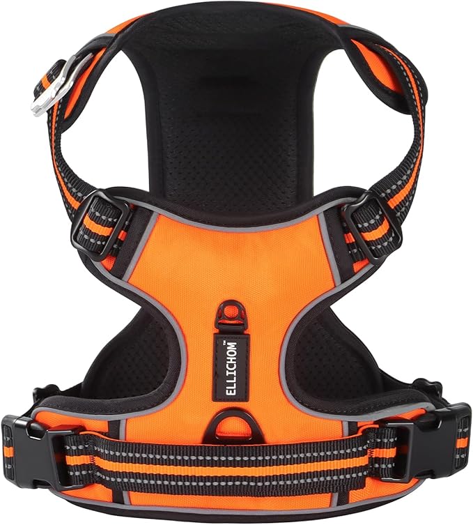 No Pull Dog Harness with 3 Snap Buckles,No Choke Front Lead pet Harness Reflective and Adjustable Soft Padded Vest for Small Medium Large Dog (Orange, Extra Large)