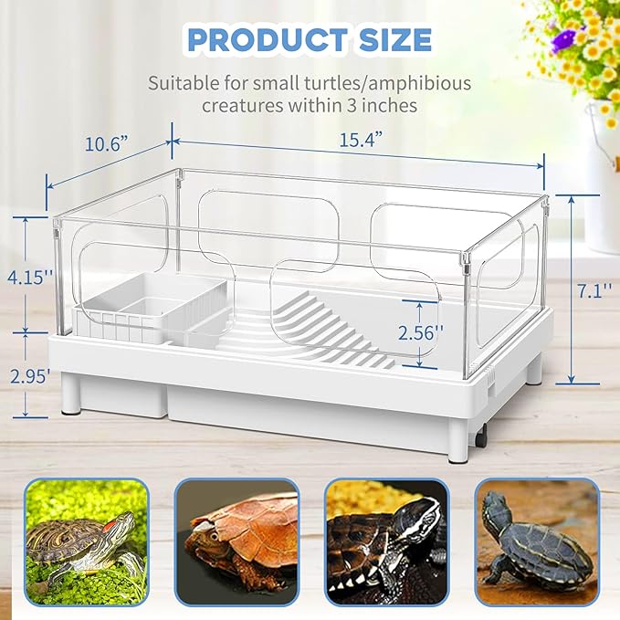 Small Turtle Tank Kit(Tank+Light+Filter), Acrylic Turtle Tank Starter Kit with Bask Platform, Bottom Drain, Multi-Function Area for Small Reptiles.(White)