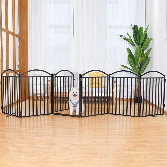 Malier Metal Freestanding Dog Gates with Door, 32'' Height Outdoor Indoor Dog Fences, Extra Wide Foldable Puppy Gate Free Standind Tall Pet Gate for Stairs, Hallways, Doorways, Yard (Black 6 Panels)