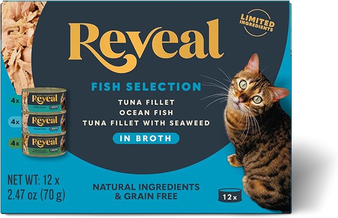 Reveal Natural Wet Canned Cat Food, Limited Ingredient, Grain-Free, High Protein with No Artificial Additives, Fish Variety in Broth (12 x 2.47 oz Cans)