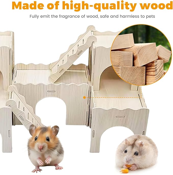 Wooden Dwarf Hamster House, Hamster Tiny House Hideout, Maze House, Large Balcony Lookout Holes, Easy to Assemble, Detachable Parts, Secure Hideaway, F