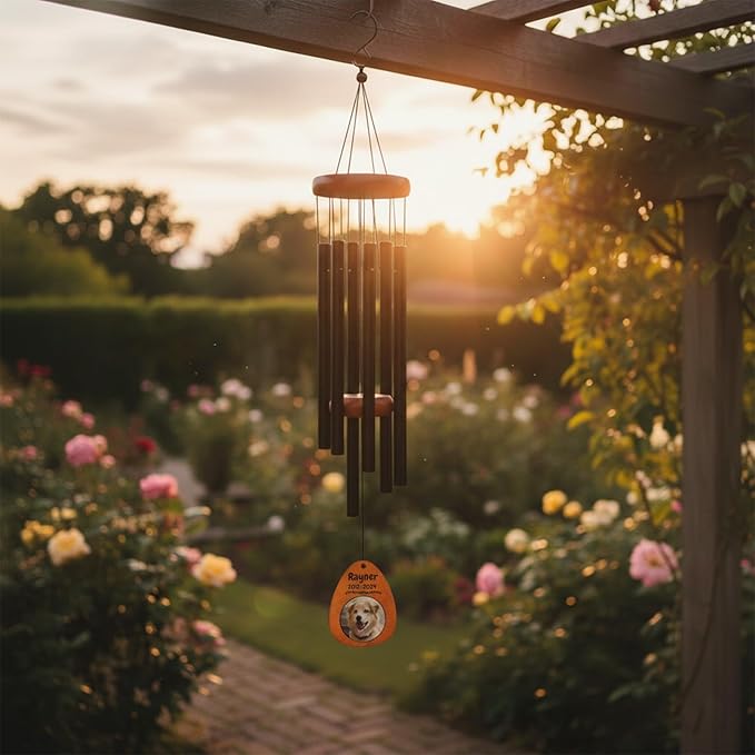 Personalized Dog Memorial Gifts for Loss of Dog - Custom Sympathy Wind Chime with Photo & Name, 26"/32"/36" Outdoor Bereavement Keepsake for Garden or Patio(Gold)