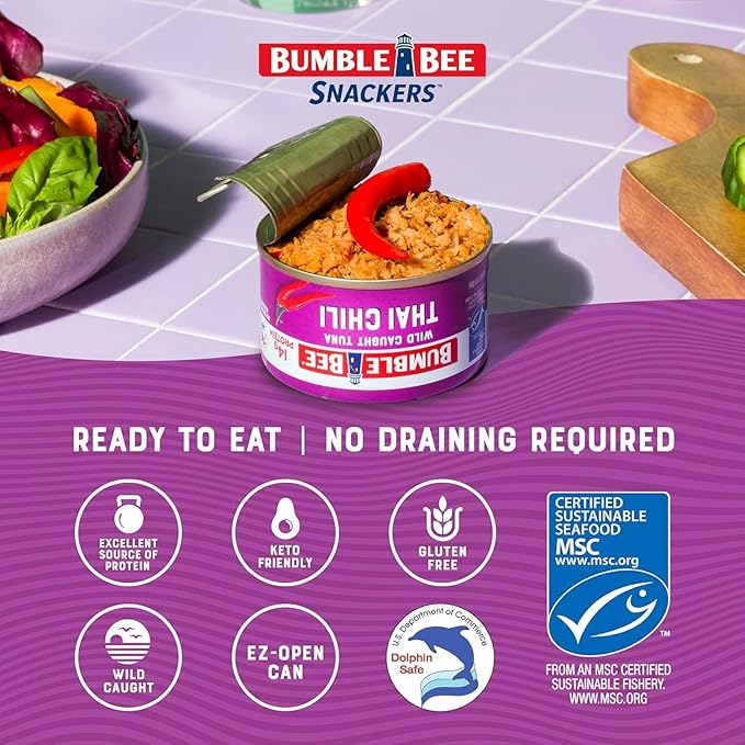 Bumble Bee Seasoned Tuna On The Go Bundle - Lemon & Pepper and Spicy Thai Chili - (2) Ready to Eat 2.5 oz Packets and (2) Snack Sized 3 oz Cans