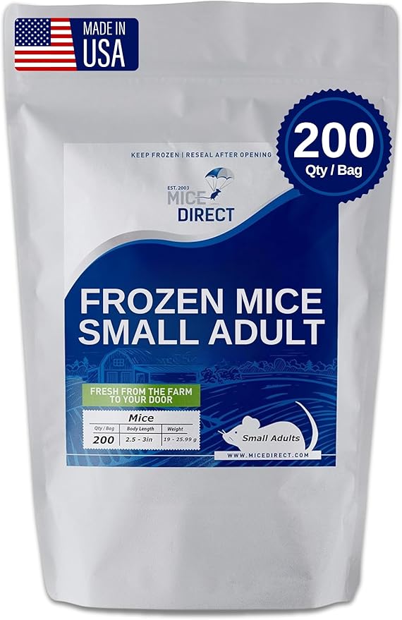 MiceDirect 200 Frozen Mice Small Adult Feeders Snake Food for Juvenile Red Tail Boas Ball Pythons Adult Sand Boas Milks Corn (2.5-3 in) (Pack of 200) (3800 Grams Min)