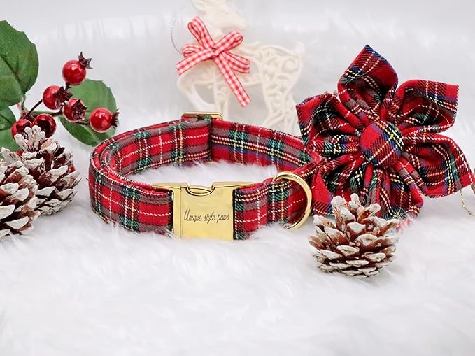 Uniqe Style Paws Christmas Grid Dog Collar, Female or Male Adjustable Puppy Collar with Flower, Durable Floral Pattern Pet Collar for Large Dogs