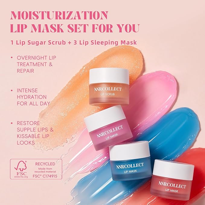 ANRCOLLECT Lip Mask Set, 1 Lip Scrub +3 Overnight Lip Mask, Lip Glowy Balm and Scrub for Women, Exfoliating and Hydrating Dry, Chapped, Crack Lips, 4 Pack Lip Skincare Gift Set, Valentines Day Gifts