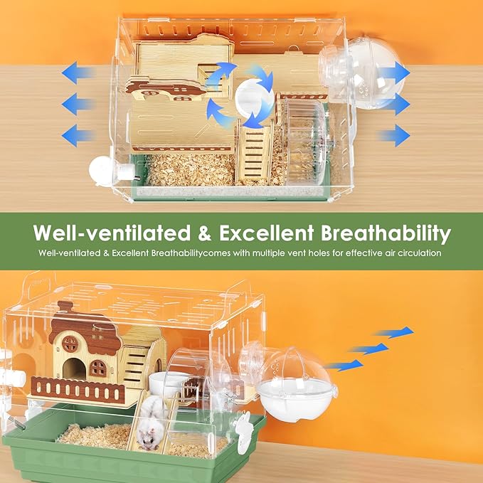 Hamster Cage Acrylic Hamster Habitat 360 Viewing Transparent Pet Rat Cage with Running Wheel & Hideout for Dwarf/Syrian Hamsters, Mice & Gerbils, Green, 13.3" L*10.2" W*12.4" H