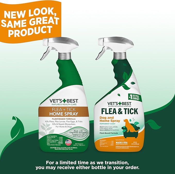 Vet’s Best Indoor Flea and Tick Spray – Dog Flea and Tick Treatment for Home, Plant-Based Formula with Natural Oils, Kills Fleas, Eggs & Ticks on Contact, Made in USA, 32 oz