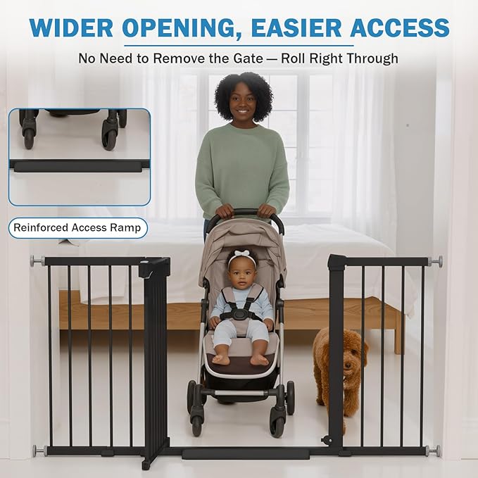 Mumeasy 29.7-57" Extra Wide Baby Gate for Doorways, Auto Close Dog Gate Indoor for Stairs, No-Drill Pressure Mounted Pet Gate with Door, Easy Walk Thru Long&Large Safety Gate for House, Outdoor, Black