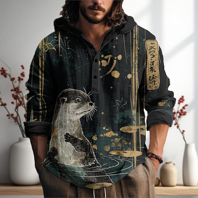 MARSVOVO Japanese Art Animal Hooded Shirt for Men Long Sleeve Quarter Button Lightweight Hoodie Cool Streetwear Tops