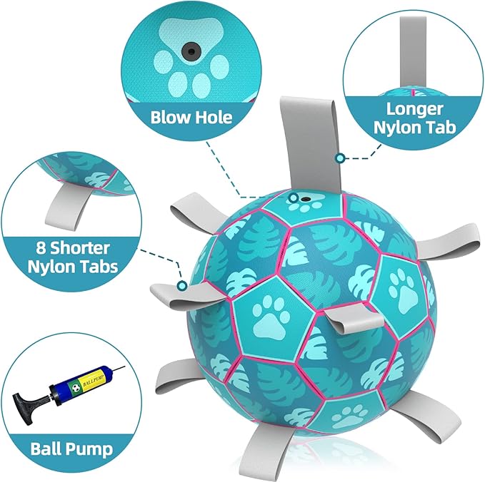 QDAN Dog Toys Soccer Ball, Tug of War Toy, Puppy Birthday Gifts, Water Toy, Durable Dog Balls for Medium Large Dogs, Lake Blue(8 inch)