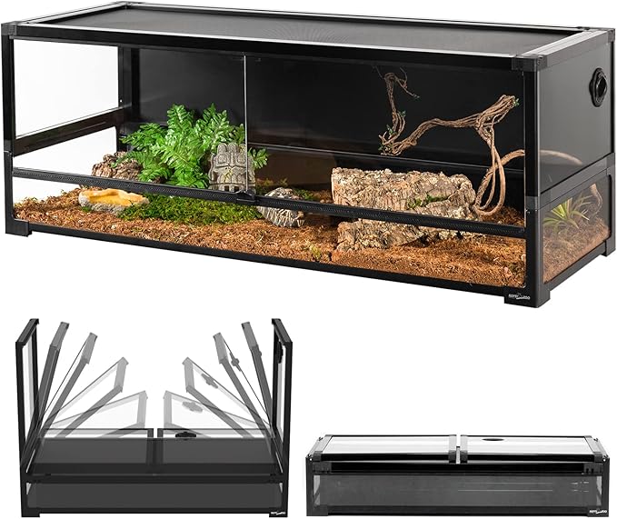 REPTI ZOO 67 Gallon Large Glass Reptile Terrarium 48" x 18" x 18", Easy Folding & Detaching Reptile Breeding Tank with Black PVC Back Panel Full Open Door Screen Ventilation