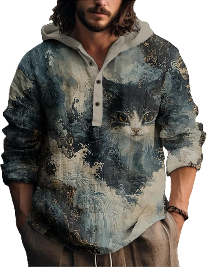 MARSVOVO Japanese Art Animal Hooded Shirt for Men Long Sleeve Quarter Button Lightweight Hoodie Cool Streetwear Tops
