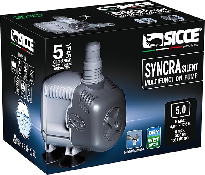 SICCE Syncra Silent 5.0 Multifunction 1321 GPH Submersible Water Pump | Italian Made 105W Ultra Quiet Durable Aquarium Fish Tank, Fountain, Pond, Hydroponics, Terrarium Black | Freshwater & Saltwater