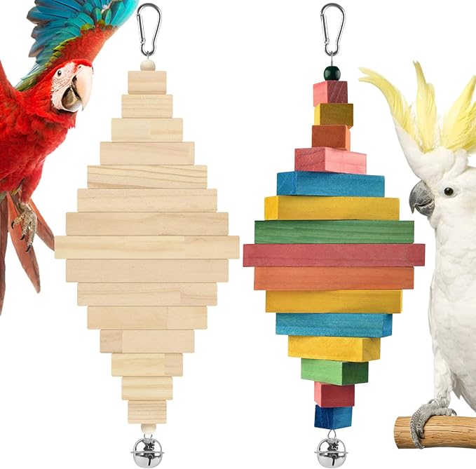 2 Pcs Large Bird Toys, Colorful Natural Wood Block Parrot Chew Sticks Toy with Bell for Amazon, African Greys, Eclectus Parrots, Macaws Chewing Tearing