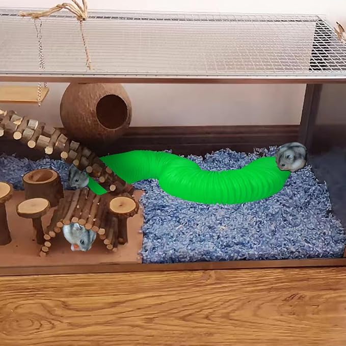 PINVNBY Plastic Tunnel for Hamster,2 PCS Guinea Pigs Tunnels with 19 PCS Chew Toy Collapsible Ferret Hideout Tubes Small Animals Cage Accessories for Hamsters Mouse Rat Gerbils Rats Mice(Green)