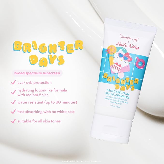 The Crème Shop x Hello Kitty Brighter Days Broad Spectrum SPF 50 Sunscreen for Face and Body- Moisturizing Formula, Water Resistant, No Fragrance, No White Cast, Korean Skin Care (1.69 fl oz)