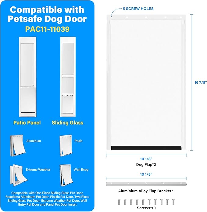 2 Pack Large Dog Door Replacement Flaps with 1 Aluminium Alloy Replacement Bracket, Compatible with Petsafe Freedom Doggie Doors, PAC11-11039 10 1/8" X 16 7/8" -with Screws(Frosted Transparent)