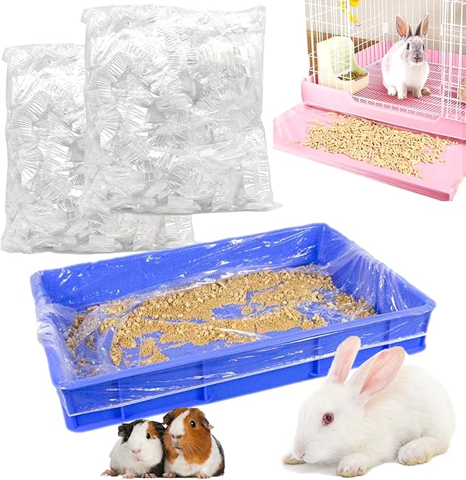 100Pcs Disposable Rabbit Cage Liner, 26'' X 18'' Plastic Guinea Pig Cage Liners Bag Elastic Small Animal Toilet Film, Clear Crate Tray Covers for Bunnies Ferret Hamster