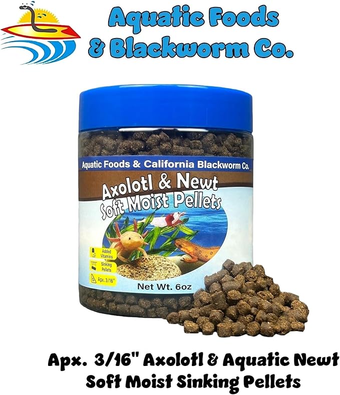 Aquatic Foods Inc. Axolotl Pellet Food 3/16" Soft Moist Sinking Pellets for Juvenile Axolotl Also Shrimp, Snails, Crayfish, Bottom Tropical Fish, Blackworm Pellets Included 6oz Canister