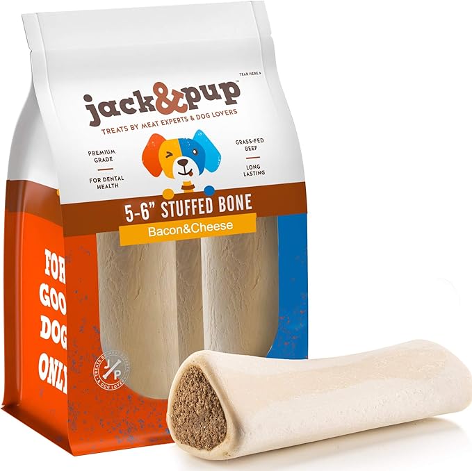 Jack&Pup 5-6" Filled Dog Bones for Large Dogs, Flavored Shin Dog Bones Long Lasting, Stuffed Bone for Dogs, High Protein, Bacon and Cheese Flavor - 3 Pack