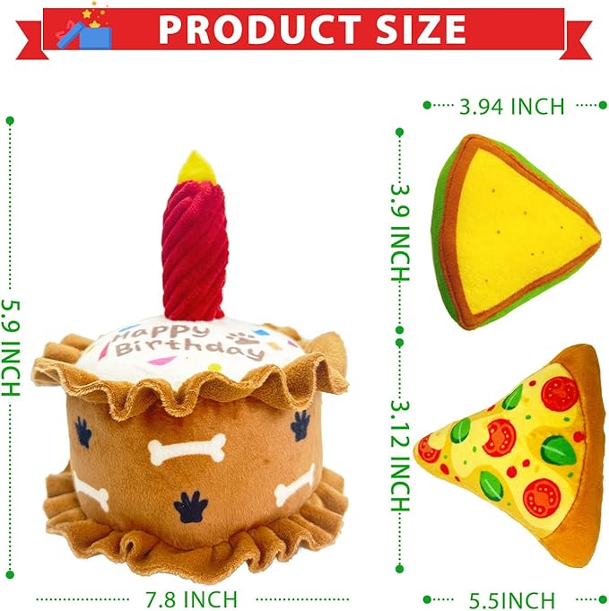 Birthday Dog Toys Crinkle Dog Toy Squeak Cake Toy Aggressive chew Toys for Puppy Sandwiches Pizza Party Dog Toy Interactive Birthday Toy with 3 Pack for Dog Birthday