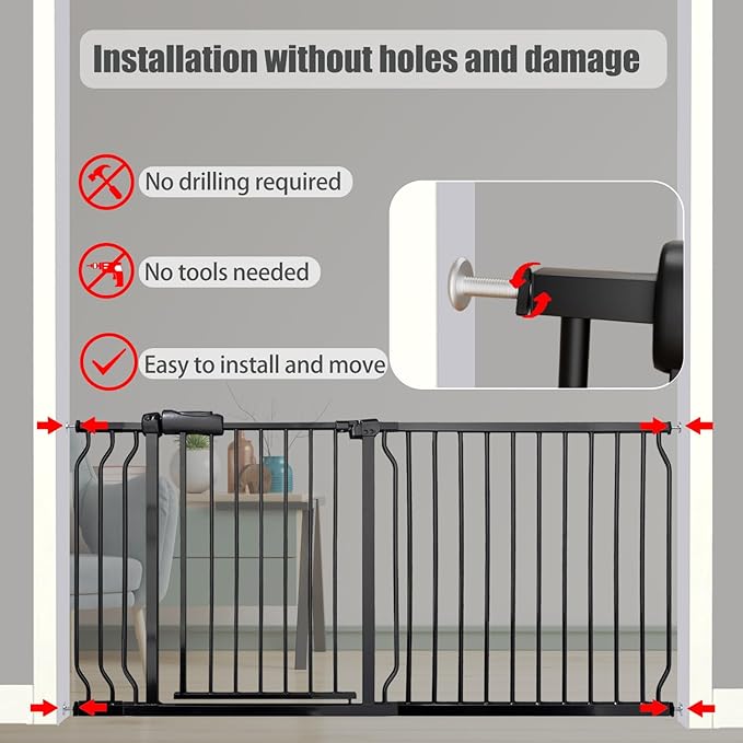 Extra Wide Baby Gate, 57.5-62 Inch - Black Metal, Pressure Mounted Indoor Safety Gate, Walk-Through Dog Gate for Kids & Pets, 30 Inch Tall