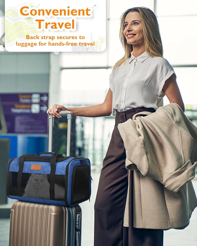 PETUX Airline Approved Cat Carrier or Small Cat up to 12 lb - 17"x11"x9.5", TSA, Underseat, Top & Side Entry, Soft Sided Pet Carrier with Breathable Anti-Scratch Mesh for Travel and Vet Visit - Blue